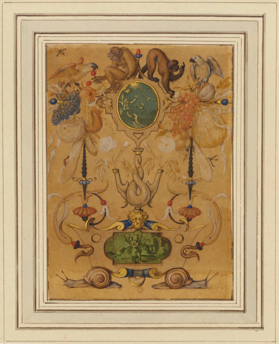 Joris Hoefnagel, Groteske mit Affen und Papageien, Inv. Nr.: 1523
