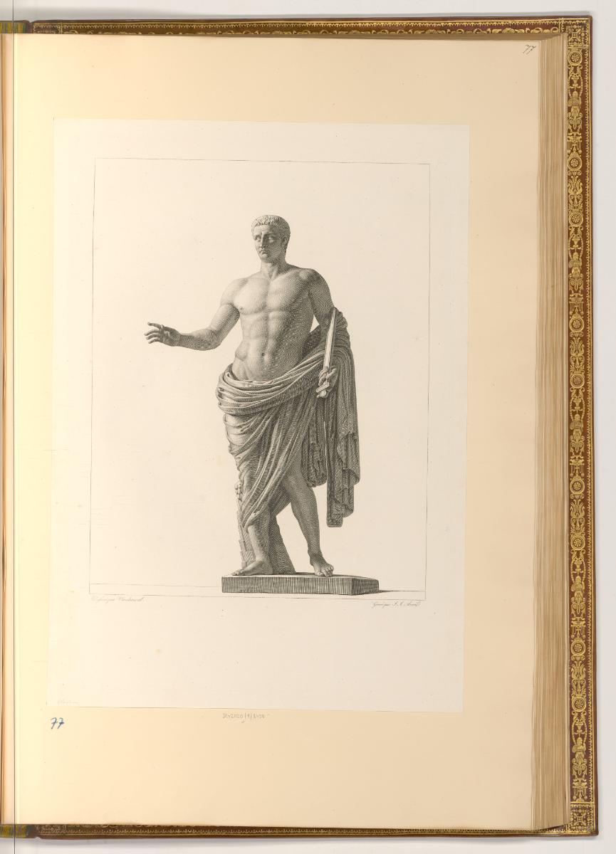 Abbildungen von Skulpturen in französischen Museen, Antike männliche Statue mit Schwert, Inv. N…