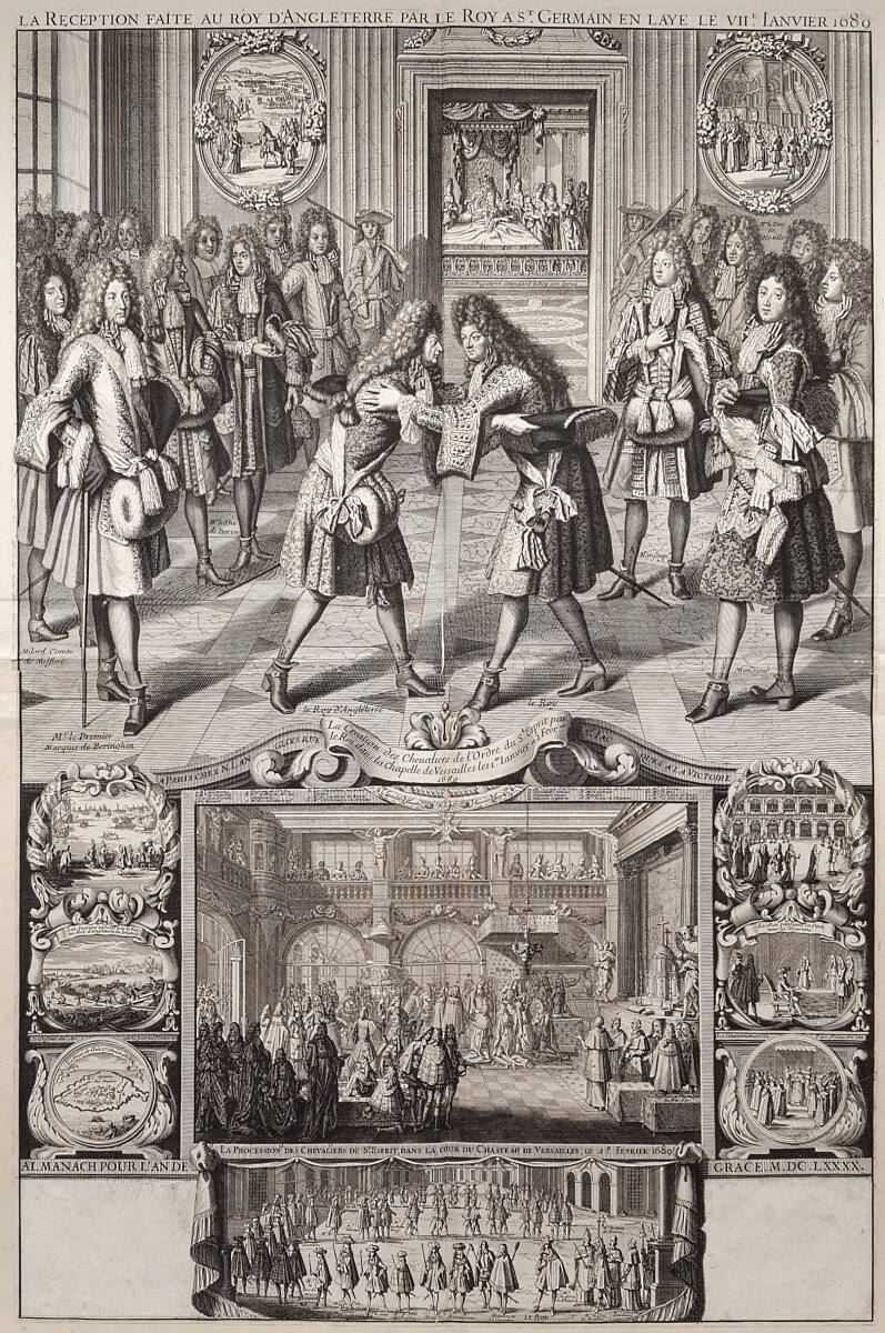 Anonym, Empfang von König Jakob II. von England durch König Ludwig XIV. von Frankreich in Schloß Saint-Germain-en-Laye am 7. Jänner 1689