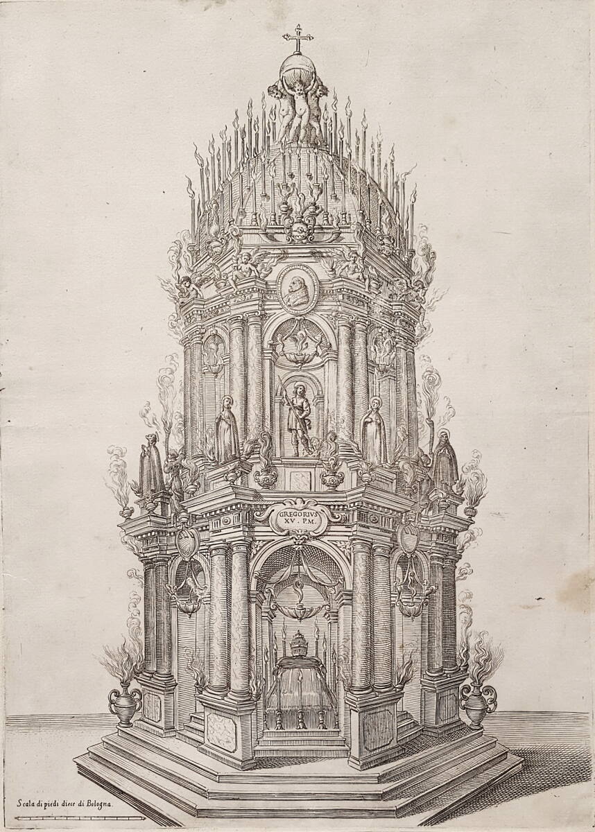 Trauergerüst für Papst Gregor XV. in der Kathedrale San Pietro in Bologna am 24. Juli 1624, Giovanni Valesio, 1624