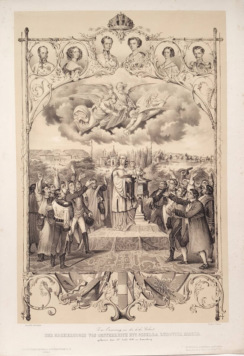 "Zur Erinnerung an die hohe Geburt | DER ERZHERZOGIN VON OESTERREICH ETC. GISELLA, LOUISE, MARIA. | geboren den 12t Juli 1856 zu Laxenburg", AntonZiegler, 1856
