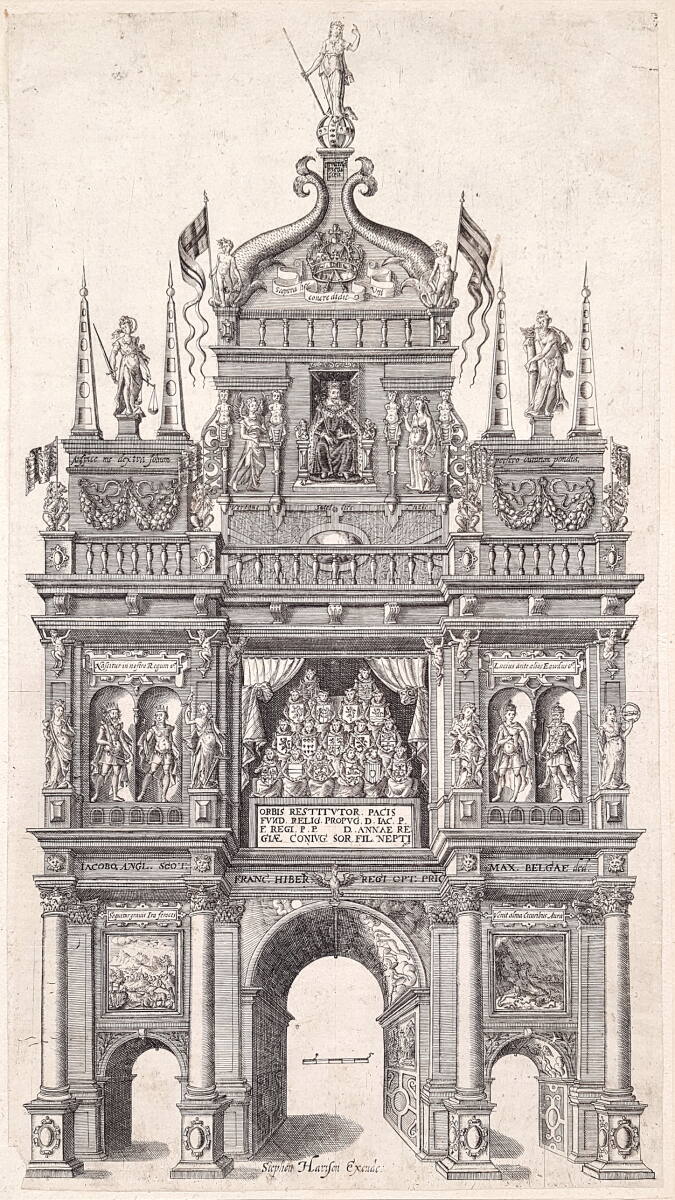 Triumphbogen der Niederländischen Gemeinde für König Jakob I. von England anläßlich seines Einzugs in London am 15. März 1604, WilliamKip, 1604