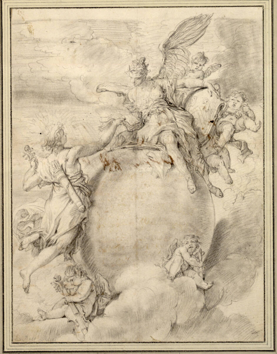Allegorie. Apollo reicht einem Genius mit einer Geige ein Libretto; der Genius hält in seiner Linken eine Schriftrolle und sitzt, von Engeln umgeben, auf einem stehenden leeren Oval, Sebastiano Ricci