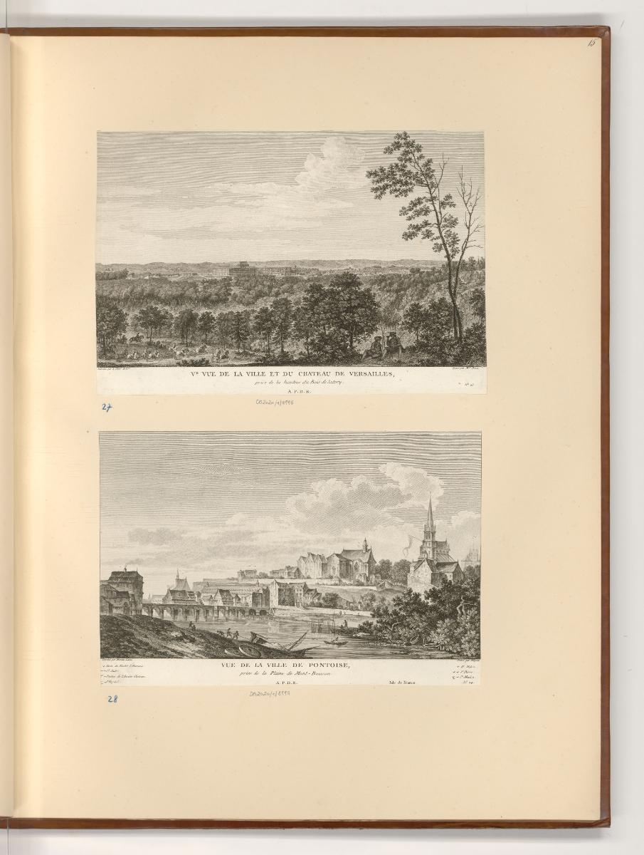 Ansichten von Frankreich, V.e Vue de la Ville et du Chateau de Versailles; Vue de la Ville de P…