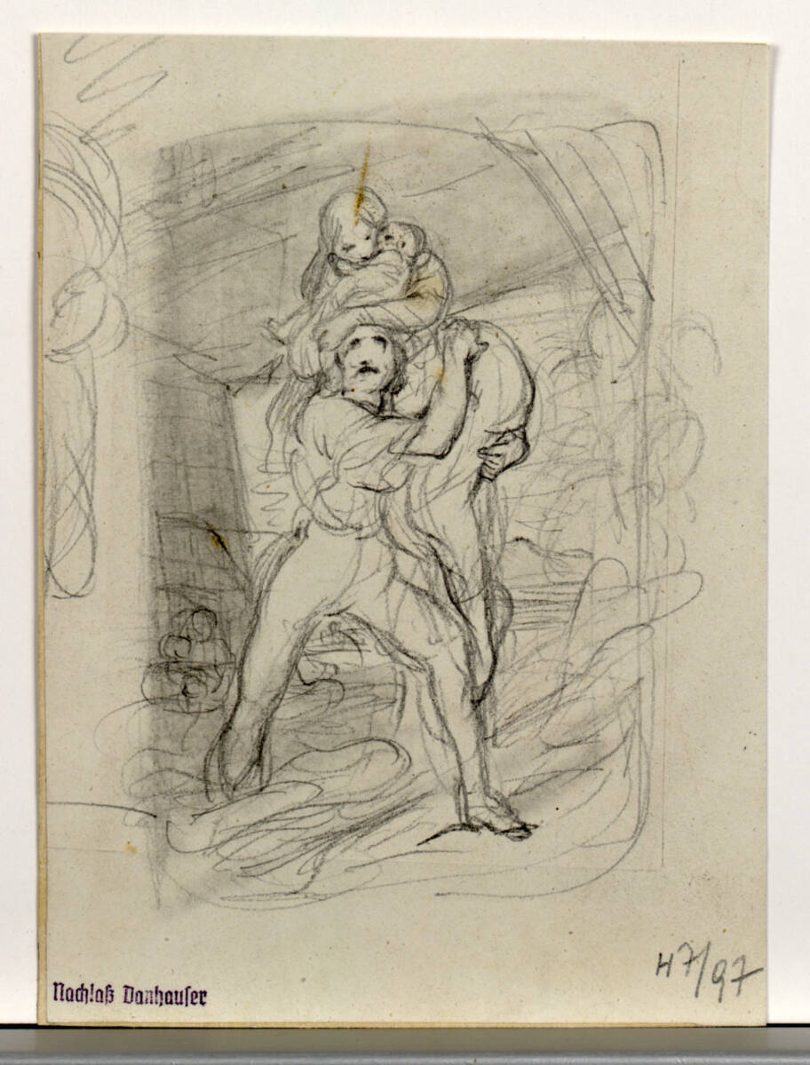 Mann auf Flucht mit Frau und Kind auf dem Rücken durch die Fluten tragend, Josef Danhauser