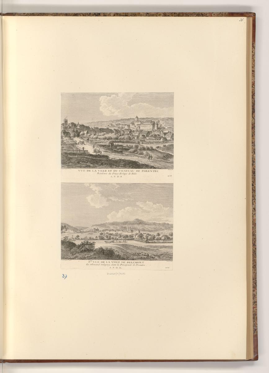 Ansichten der Schweiz, Vue de la Ville et du Chateau de Porentru; I.re Vue de la Ville de Delem…