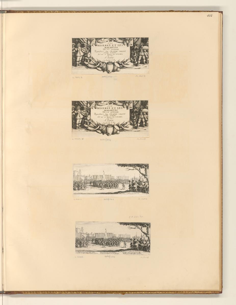 Radierungen von Jacques Callot, Das große Elend des Krieges: Titelblatt; Die Aushebung der Trup…