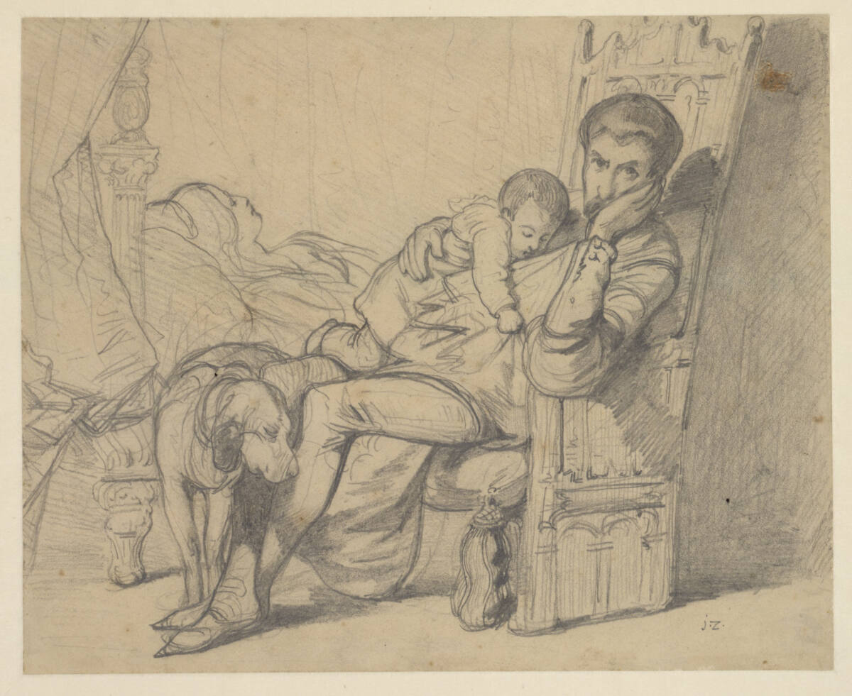 Mann mit Kind und Hund am Totenbett seiner Frau, Jules-Claude Ziegler