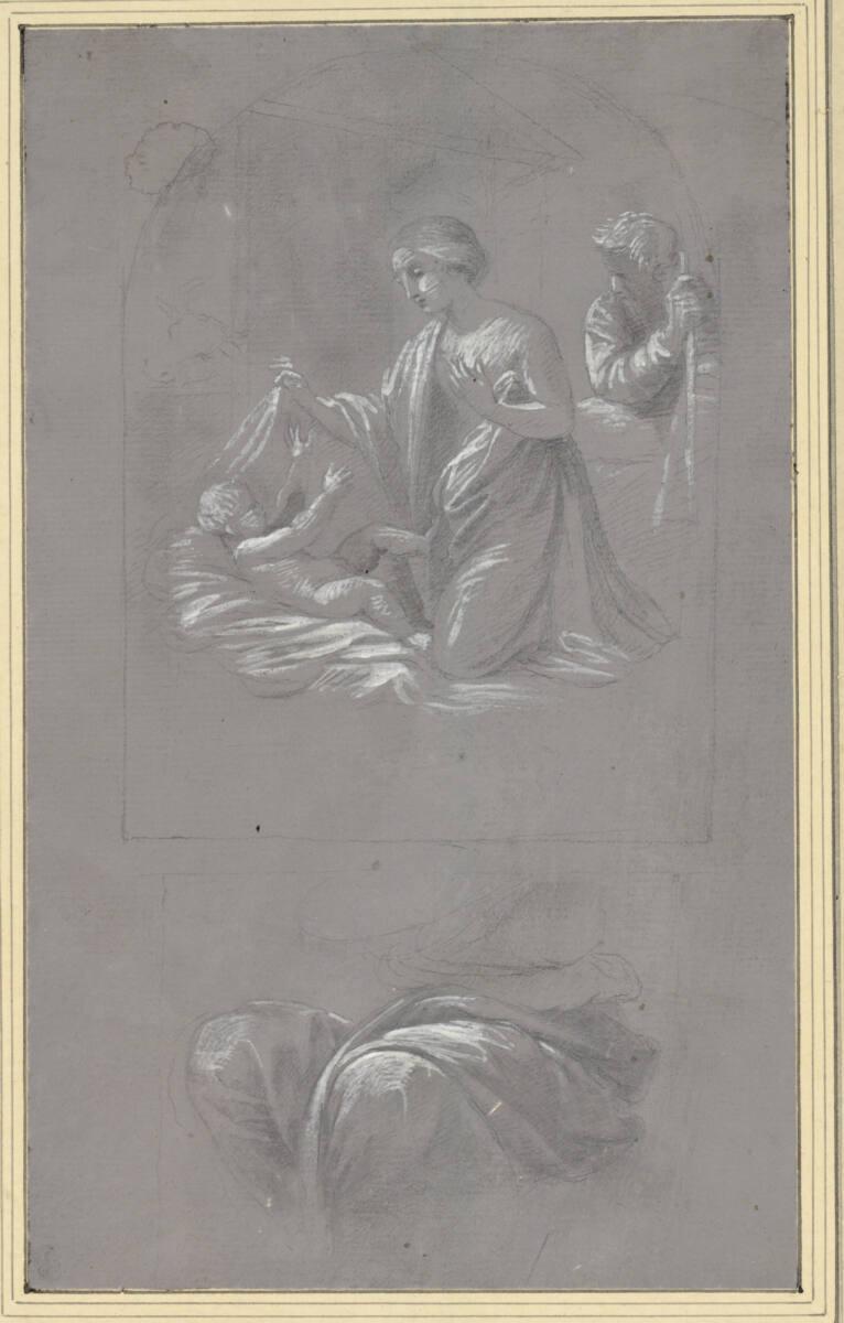 Jacopo Amigoni, Studienblatt. Oben in einem oben abgerundet begrenzten Feld die heilige Familie…