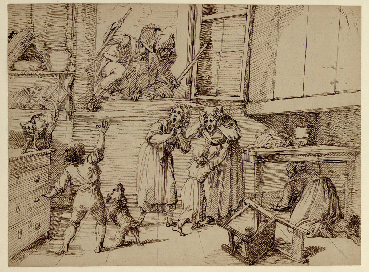 Soldaten dringen durchs Fenster in ein Haus ein, wo Frauen und Kinder schreiend auseinanderlaufen, Joseph Bergler the Younger