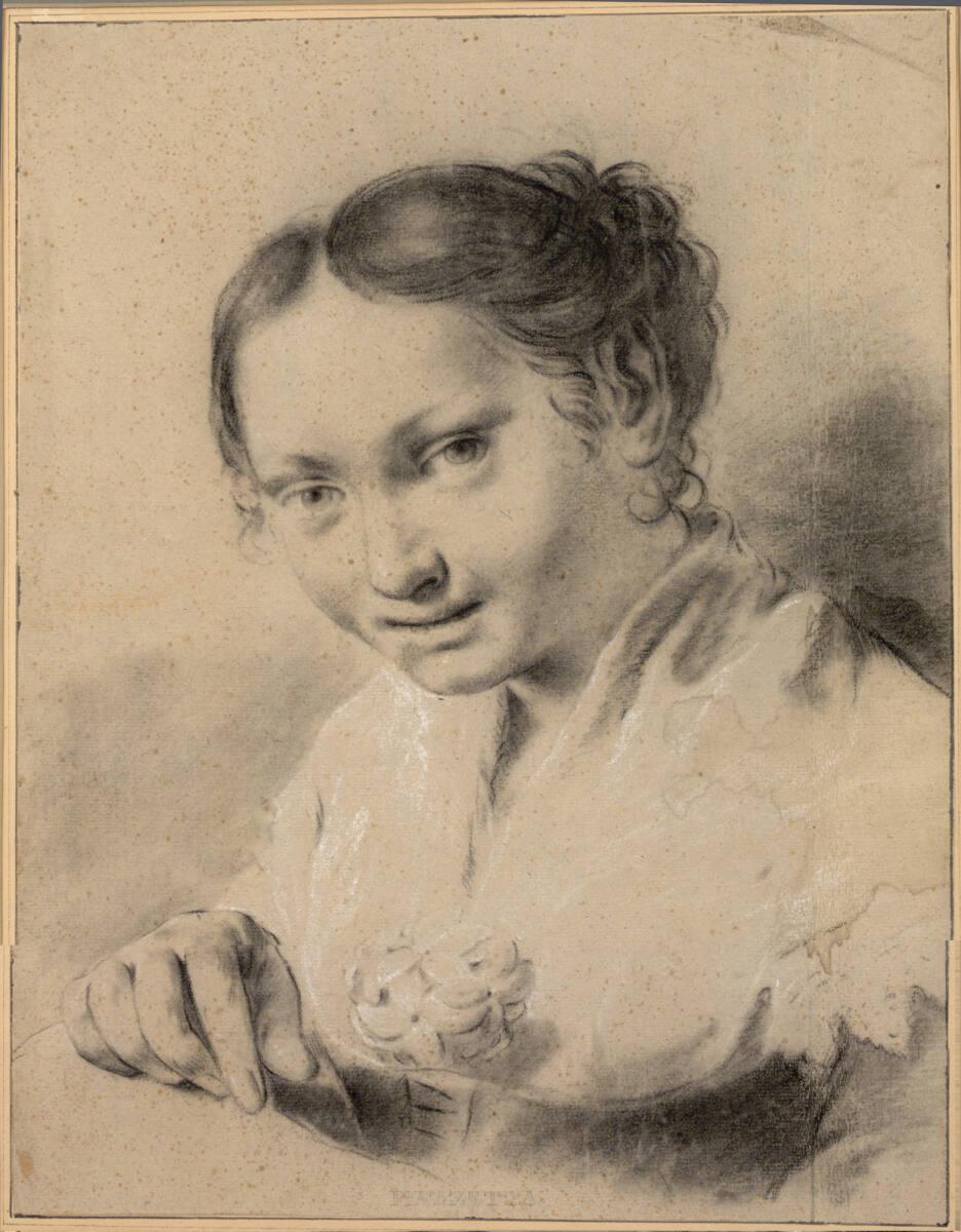 Domenico Maggiotto, Brustbild einer jungen Frau mit gescheiteltem Haar, den Blick auf den Betra…