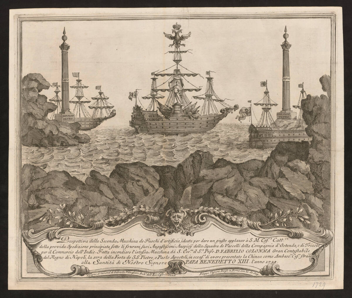 Zweites Feuerwerksgerüst zum Chinea-Fest ("Festa della Chinea") in Rom am 29. Juni 1729: "Die Schiffe der Ostende-Companie und der Stadt Triest bei den Säulen des Herkules", FilippoVasconi, 1729