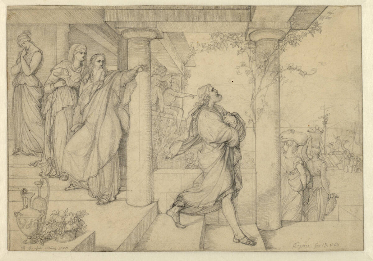 Odysseus verläßt Alkinoos, Arete und Nausikaa, um von der Phäakeninsel Scheria aus weiterzureisen, Theodor Grosse, 1852