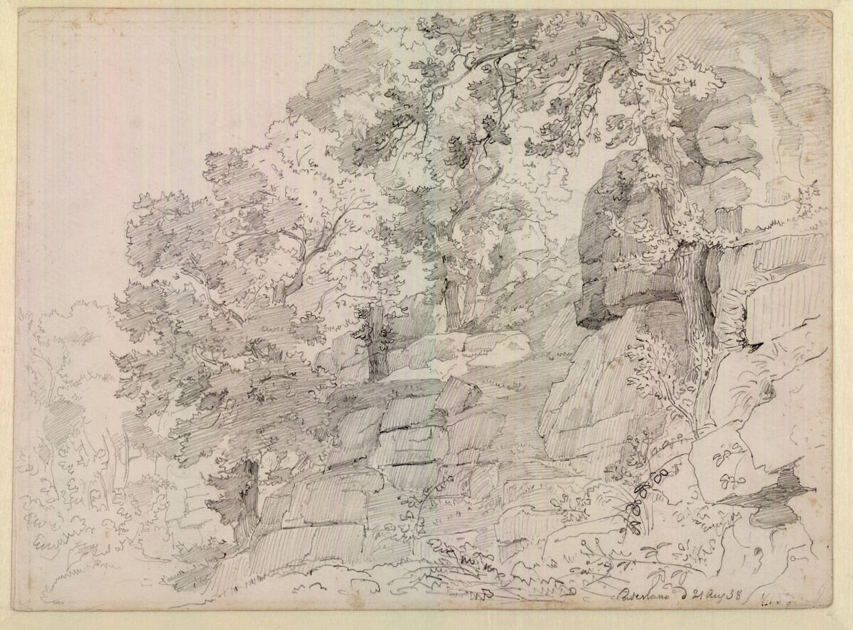 Felsiger Abhang mit Bäumen, Carl Wilhelm Götzloff, 1838
