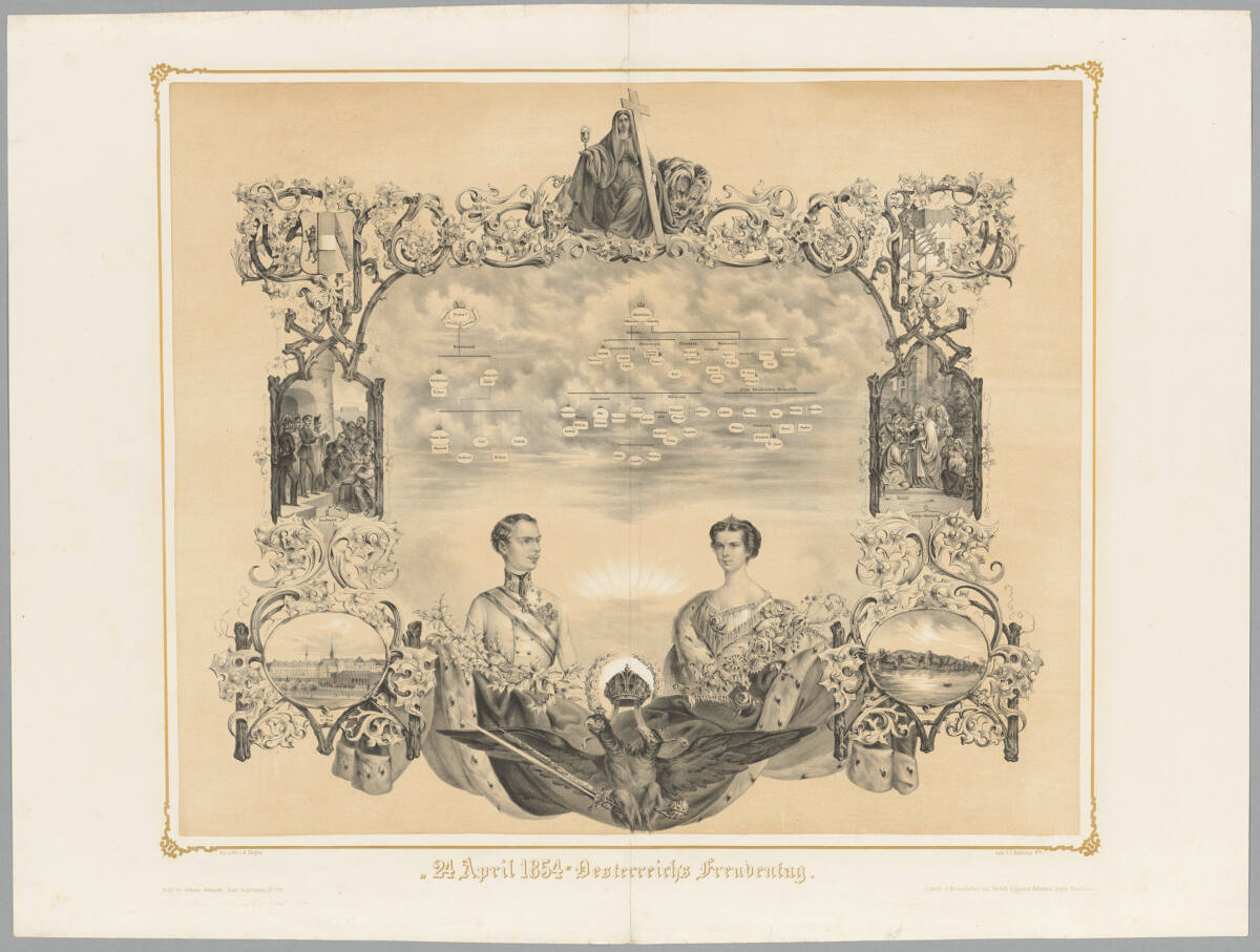 Gedenkblatt an die Vermählung von Kaiser Franz Joseph I. von Österreich mit Prinzessin Elisabeth in Bayern am 24. April 1854, AntonZiegler, 1854