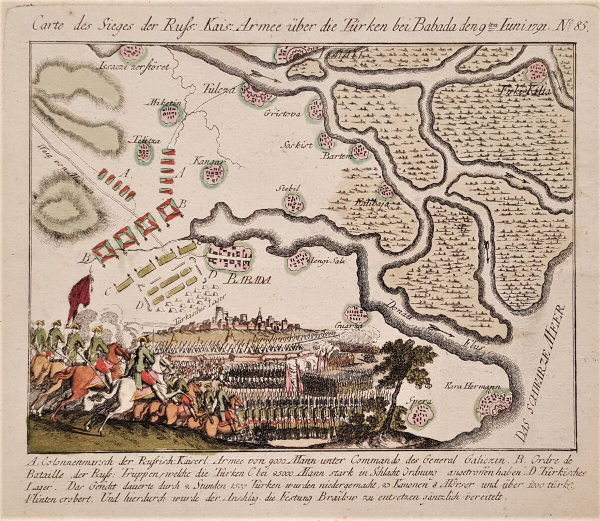 Anonym, Karte der Schlacht bei Babadag (Babada) zwischen russischen und osmanischen Truppen am 9. Juni 1791