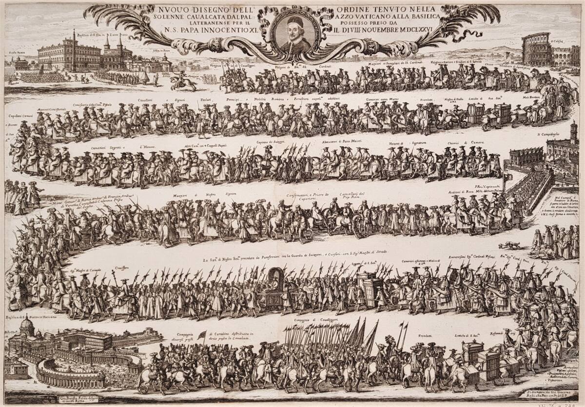 Prozession zur Inbesitznahme ("Possesso") von San Giovanni in Laterano in Rom durch den neugewählten Papst Innozenz XI. am 8. November 1676, GiovanniBattistaFalda, 1676