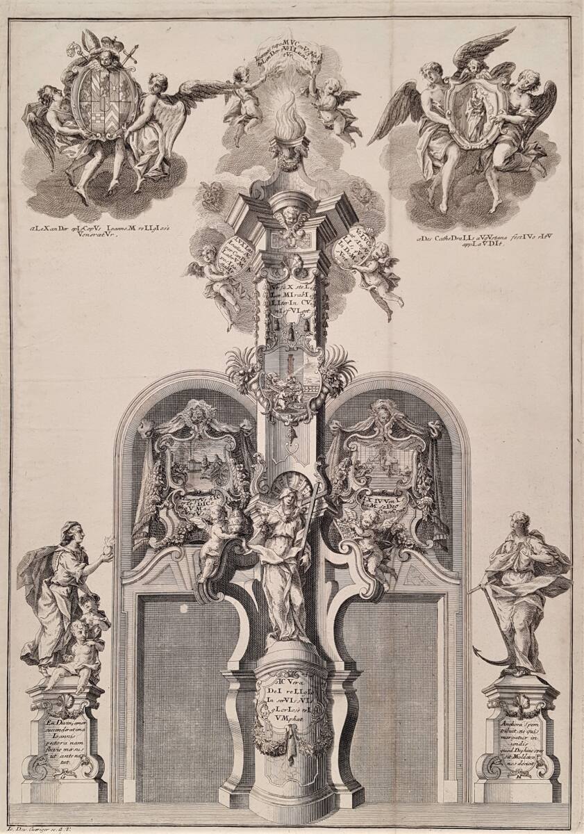 Festdekoration an einem der Seitenportale des Augsburger Doms am 21. August 1729 zur Feier der Heiligsprechung des Johann von Nepomuk, JohannDavidCuriger, 1729