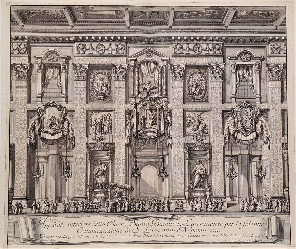 Einzug des Papstes in der Basilika San Giovanni in Laterano in Rom mit Festdekoration zur Heiligsprechung des Johannes von Nepomuk am 19. März 1729, AndreaRossi, 1729
