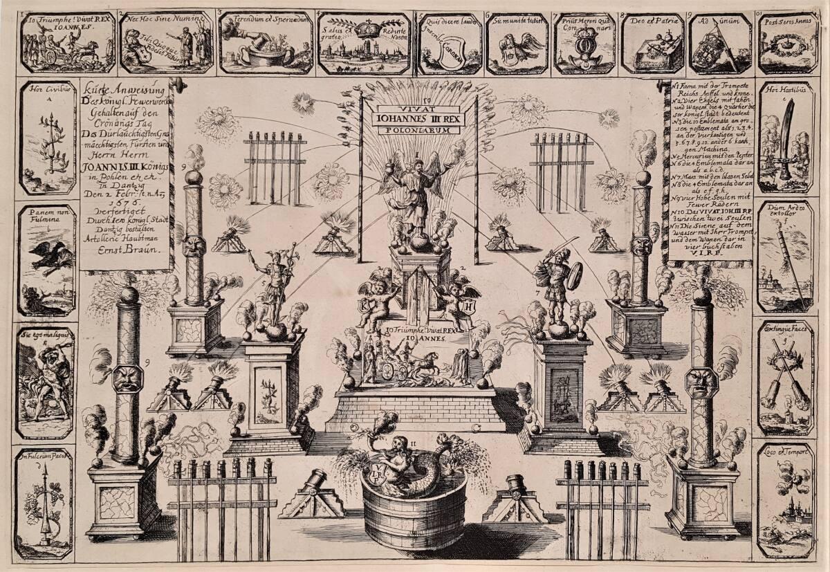 Anonym, Feuerwerk in der Stadt Danzig am 2. Februar 1676 anläßlich der Krönung von Johann Sobie…