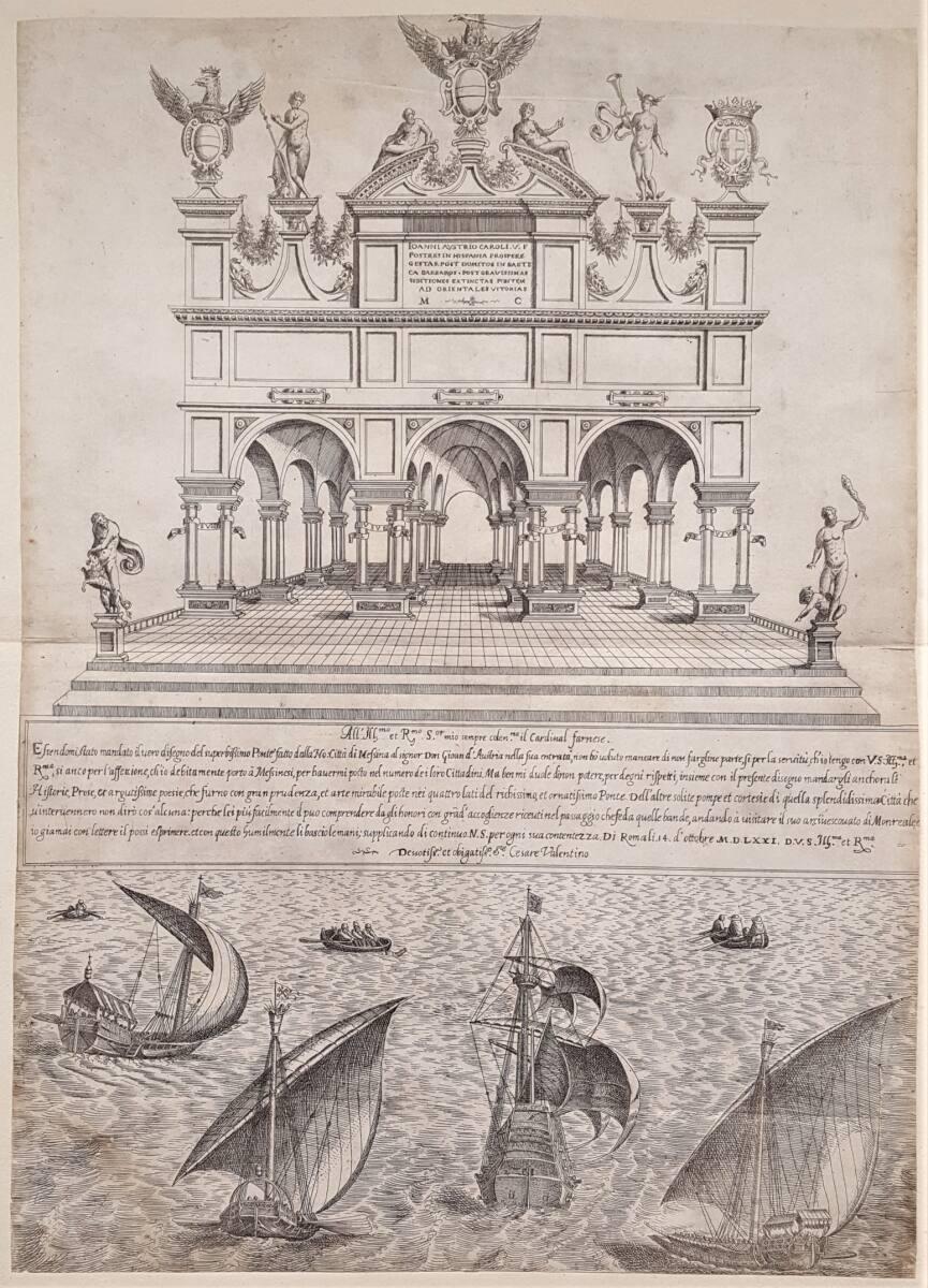Cesare Valentino, Brücke mit Triumpfpforte für Don Juan de Austria am 14. Oktober 1571 in Messi…
