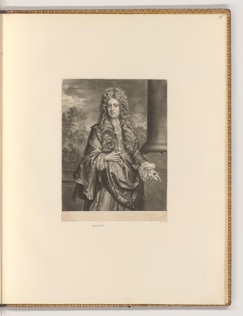 Schabblätter von John Smith, Porträt eines Mannes mit Allongeperücke vor einer Brüstung, Inv. N…