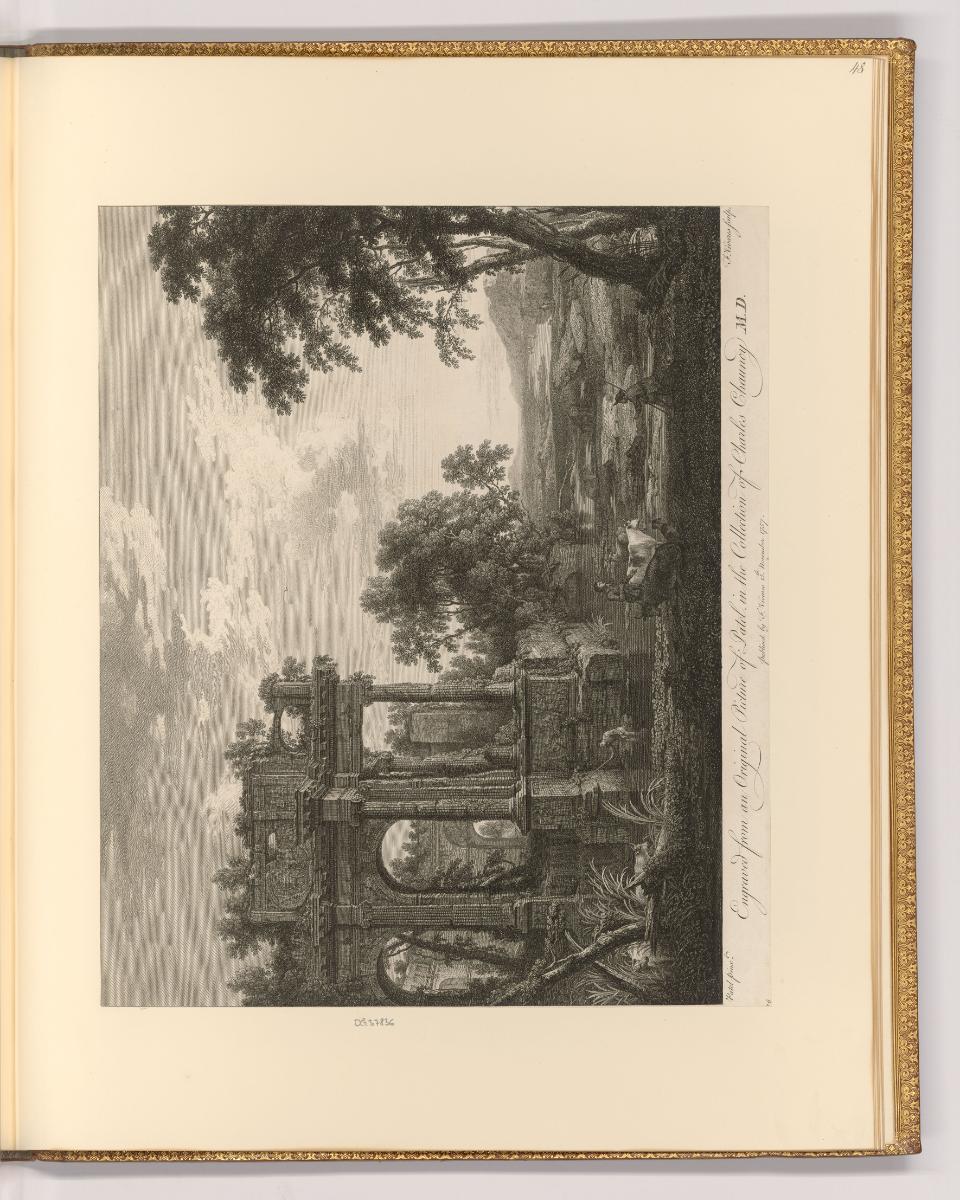 Radierungen von François Vivares, Landschaft mit antiken Ruinen und Rinderhirten, Inv. Nr.: Eng…