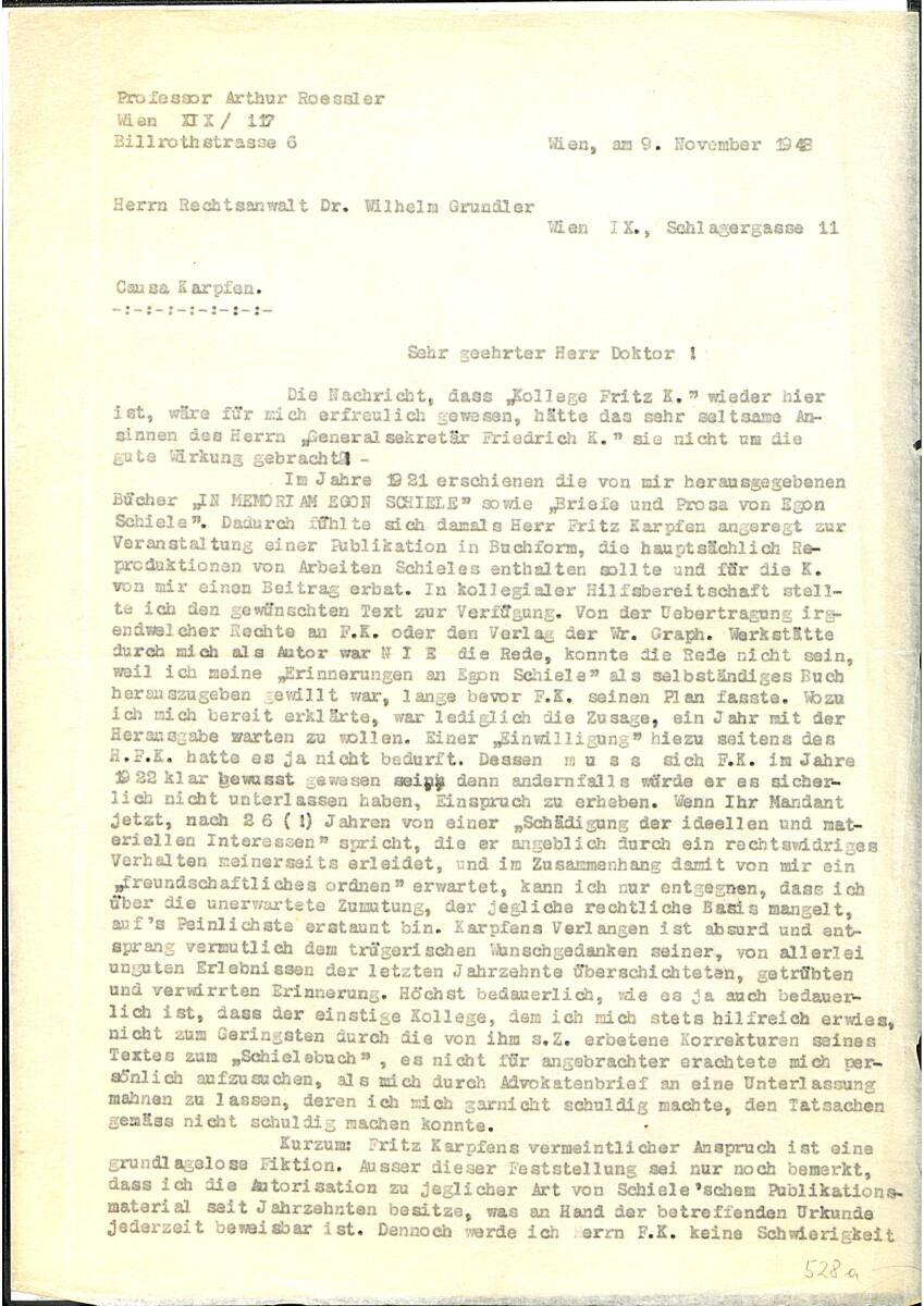 Brief von Arthur Roessler an Wilhelm Grundler, Rechtsanwalt von Fritz Karpfen, Seite 1, Inv. Nr…