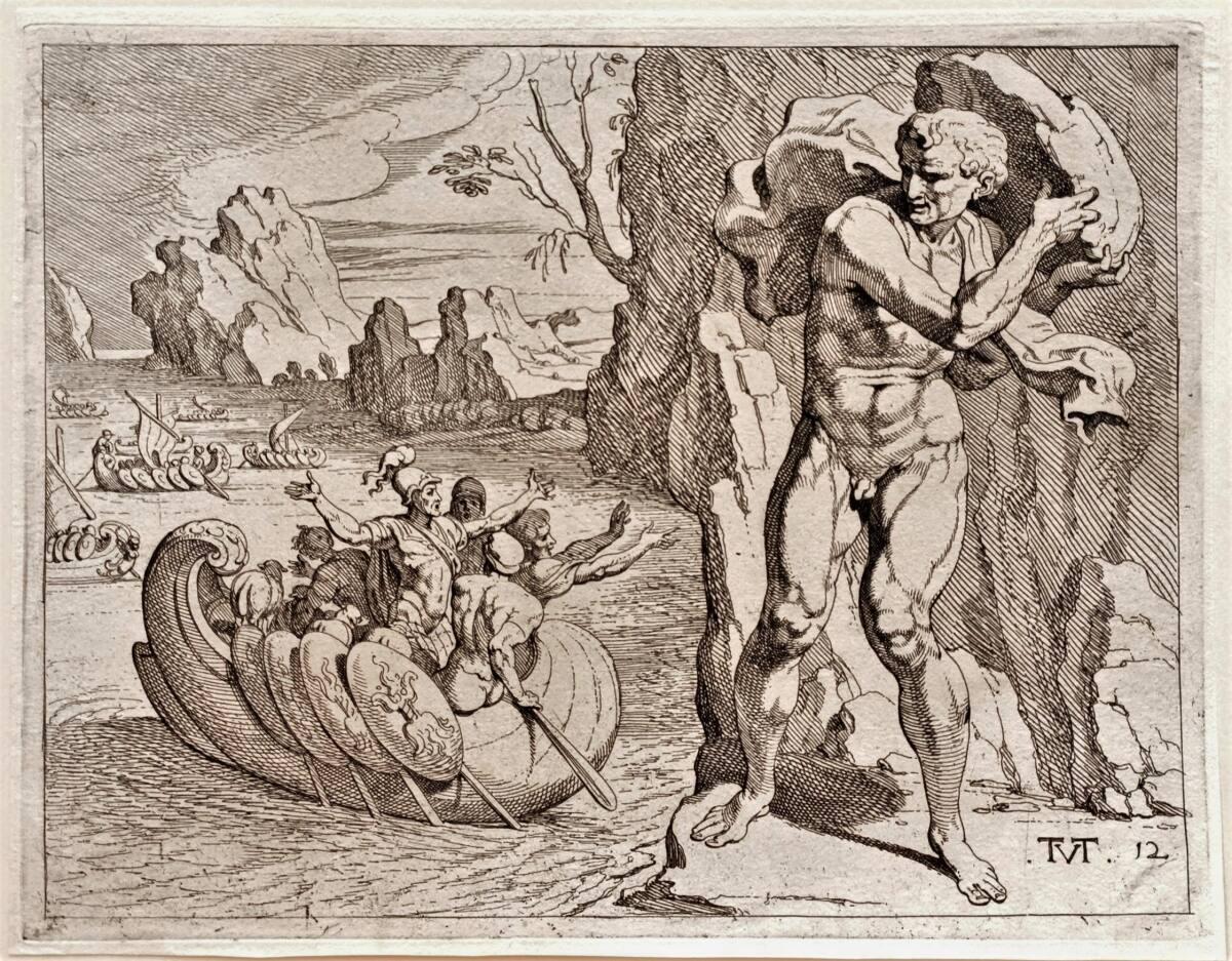 Polyphem wird einen Felsbrocken nach den Schiffen des Odysseus, Inv. Nr.: DG2022/4/76
