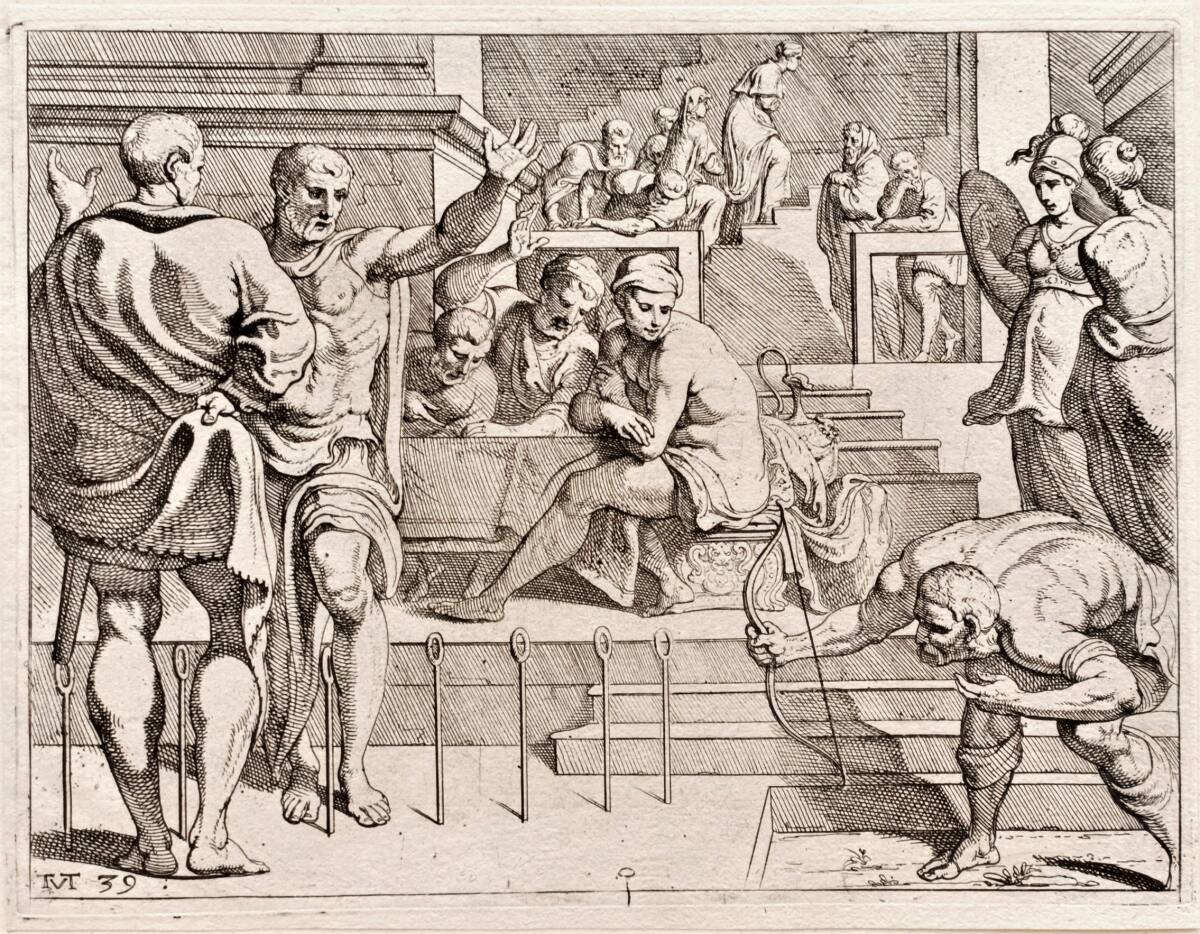 Odysseus schießt durch die Axtringe