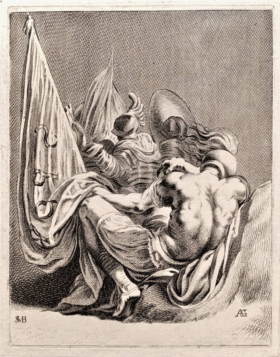 Soldat in Rückenansicht, eine Fahne in der Hand haltend mit den Initialien S.P.Q.R., AntoineGarnier, 1646
