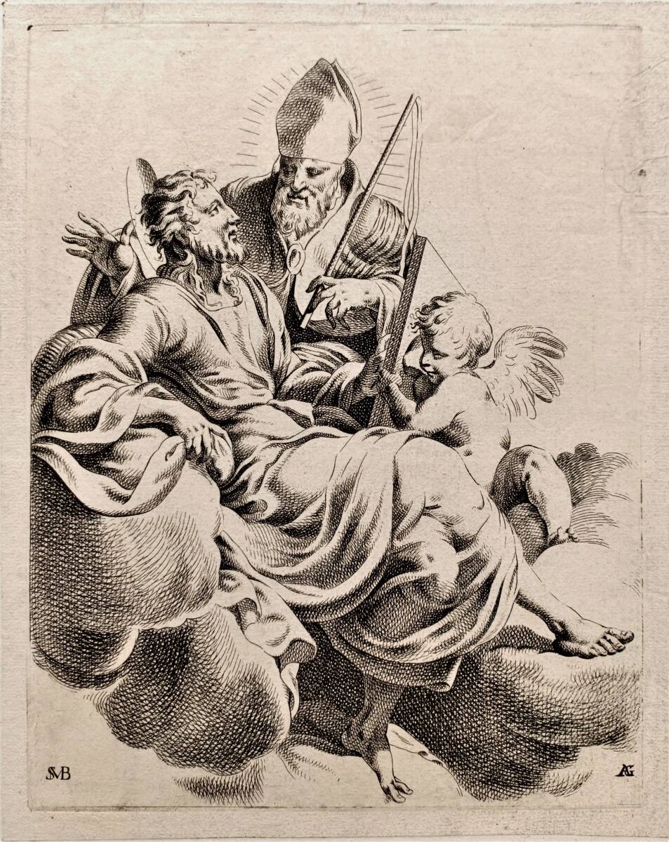 Der Evangelist Matthäus und Ambrosius und einem Engel, der eine Tafel hält, in den Wolken, AntoineGarnier, 1646