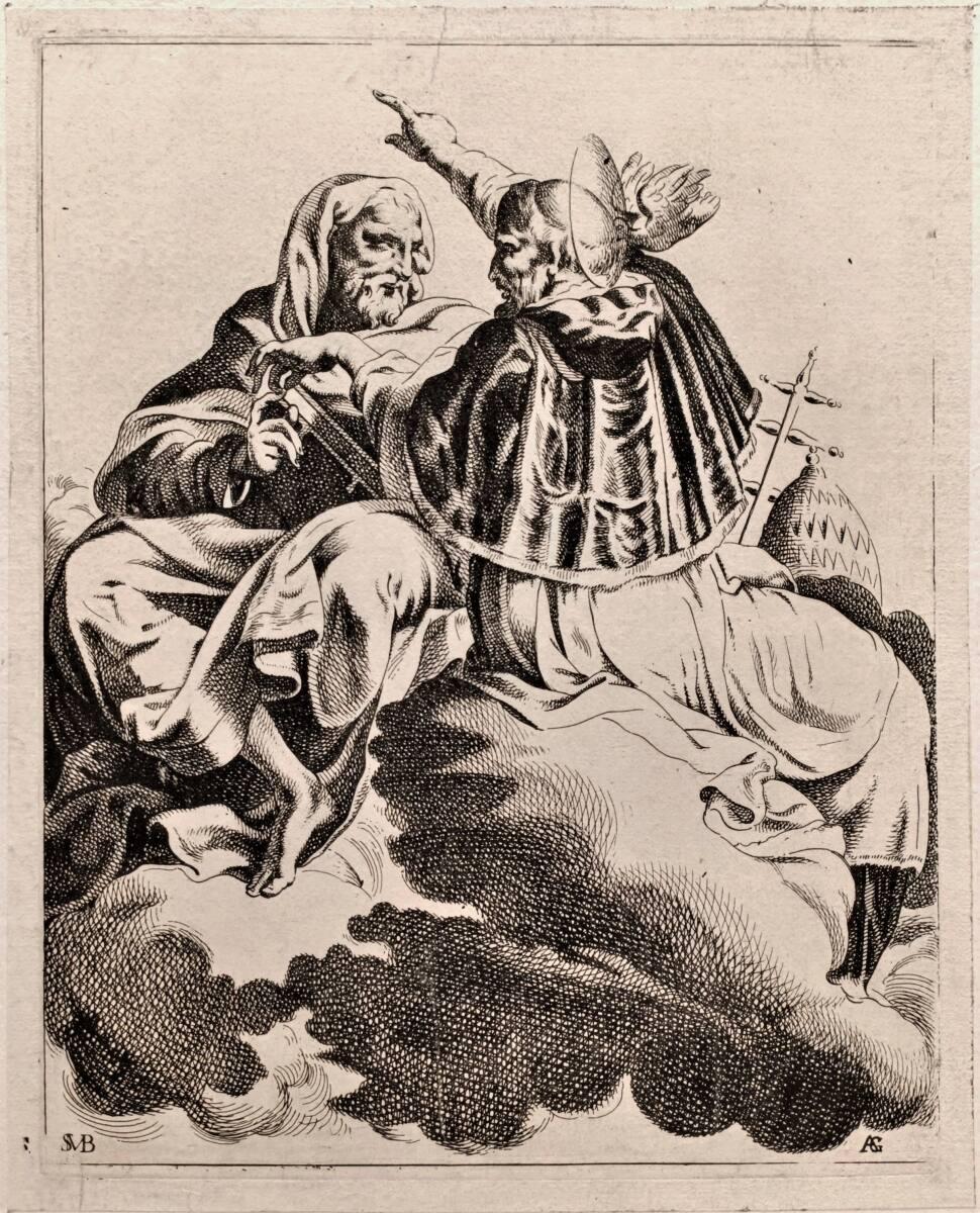 der heilige Markus und Papst Georg I. in den Wolken, begleitet vom heiligen Geist in Gestalt ei…