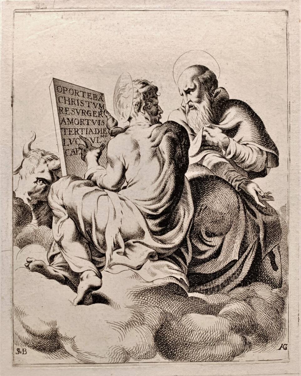 Der Evangelist Lukas eine Tafel haltend mit einem Heiligen auf den Wolken, begleitet von einem Stier, AntoineGarnier, 1646