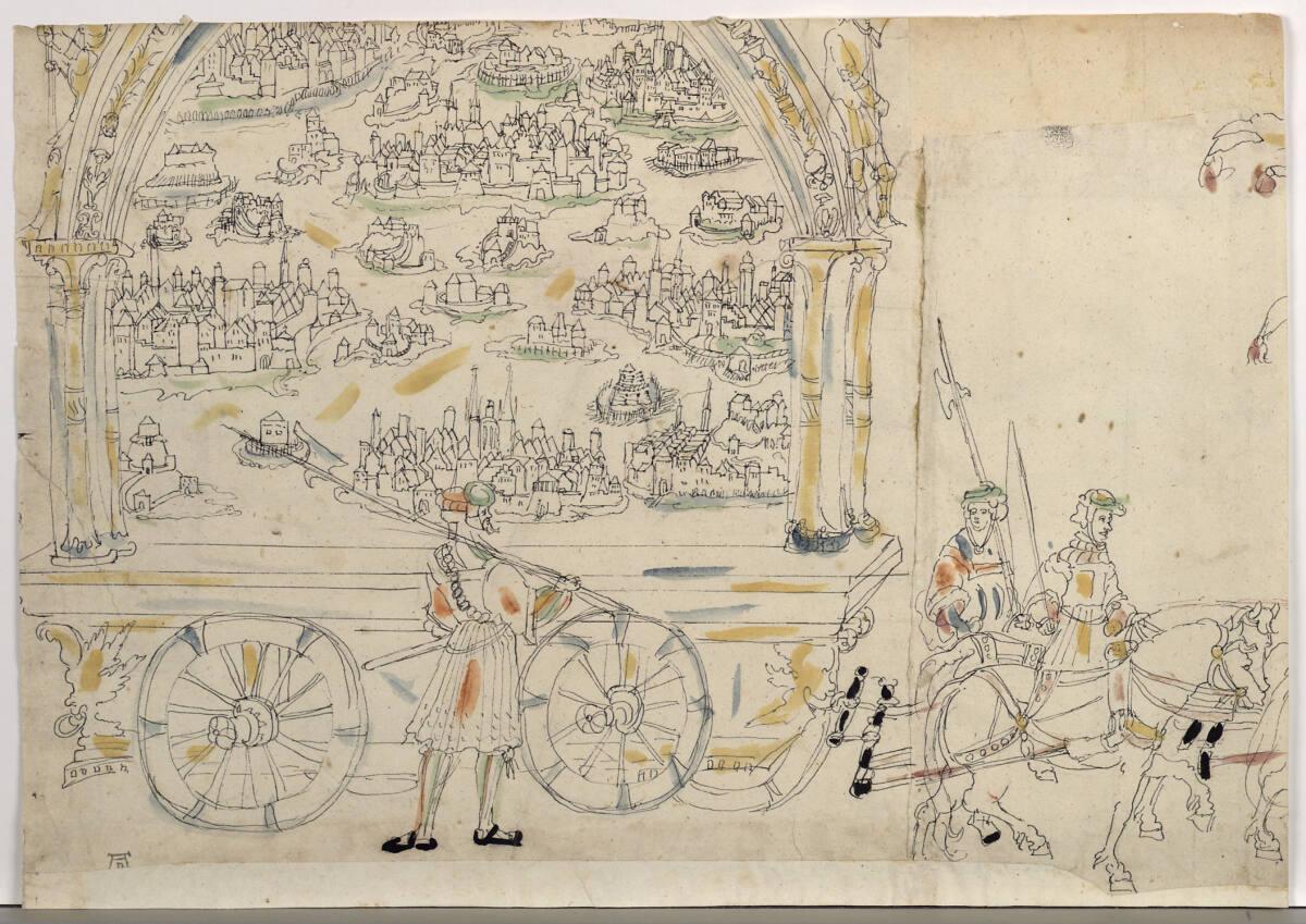 Anonym, Triumphwagen mit Stadt- und Burgansichten (aus dem "Triumphzug" Kaiser Maximilians I.),…