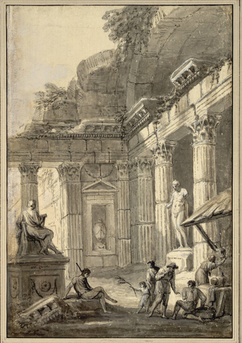 Klassische Säulenarchitektur als Ruine mit Staffagefiguren, Antonio Zucchi