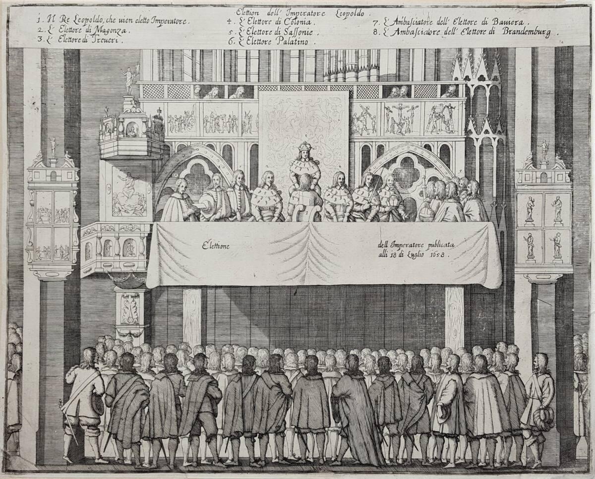 Anonym, Verkündigung der Wahl Leopolds I. zum Römisch-Deutschen Kaiser am 18. Juli 1658 in Fran…