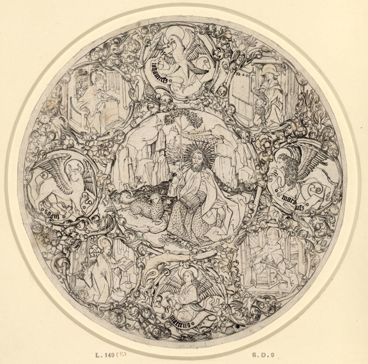 Der hl. Johannes d. T. mit dem Gotteslamm, umgeben von den Evangelistensymbolen und den Kirchenvätern, Master E. S., 1466