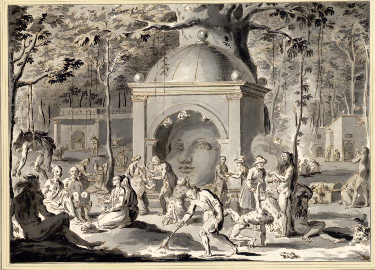 Eine Gruppe von Menschen, die sich im Wald vor einem Schrein mit einem monumentalen Kopf einer Götterstatue zu verschiedenen rituellen Handlungen versammelt haben, Pietro Antonio Novelli
