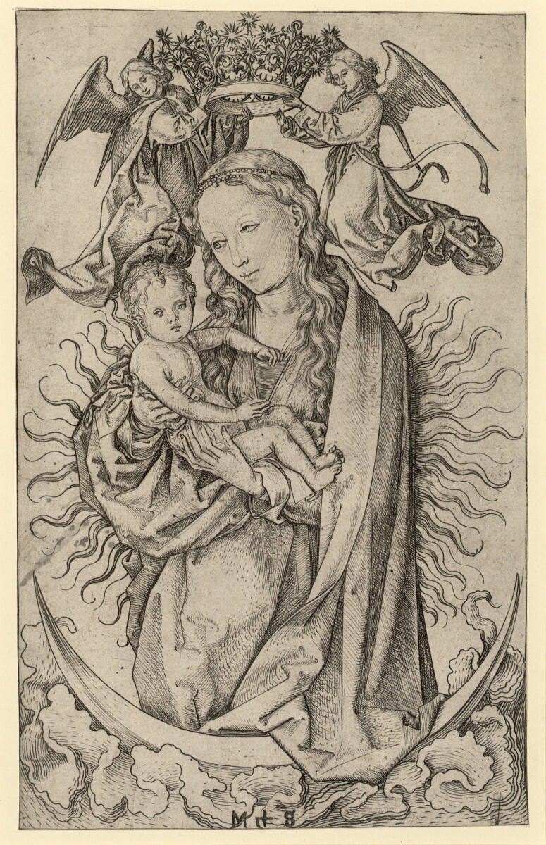 Die Madonna auf der Mondsichel, von zwei Engeln gekrönt, Martin Schongauer