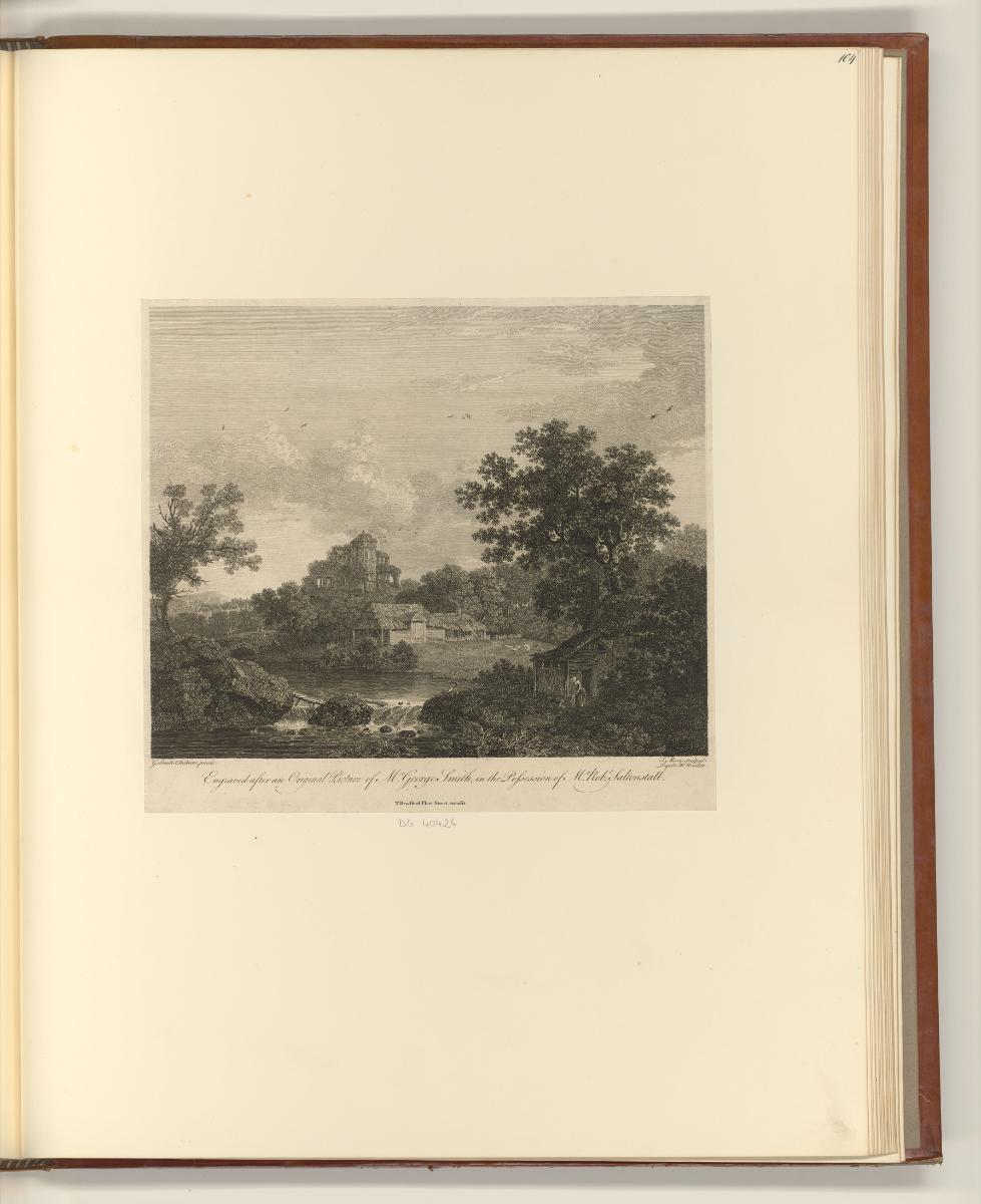 Britische Druckgrafiken des späten 18. Jahrhunderts, Flusslandschaft mit Bauernhäusern und Ruin…