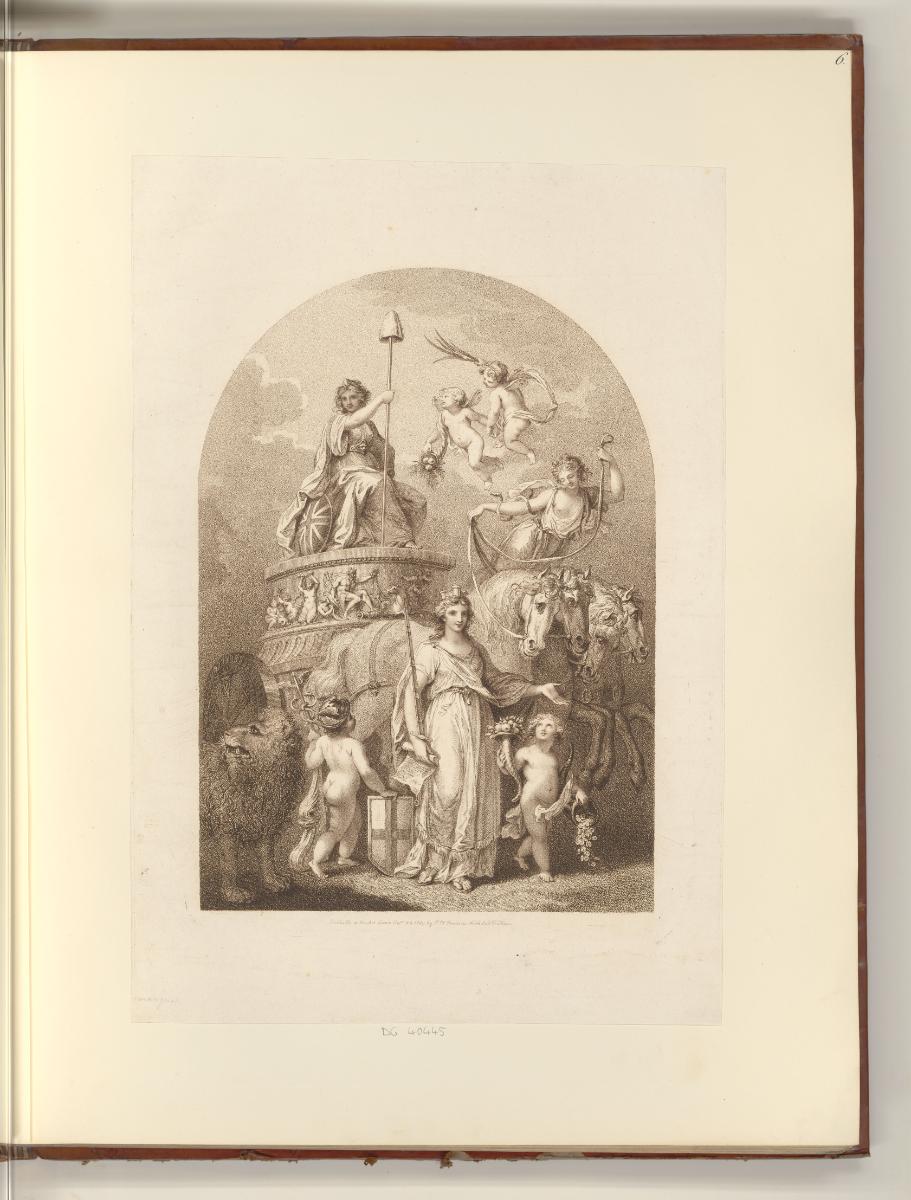Britische Druckgrafiken des späten 18. Jahrhunderts, Allegorie mit Britannia auf einem Wagen, I…