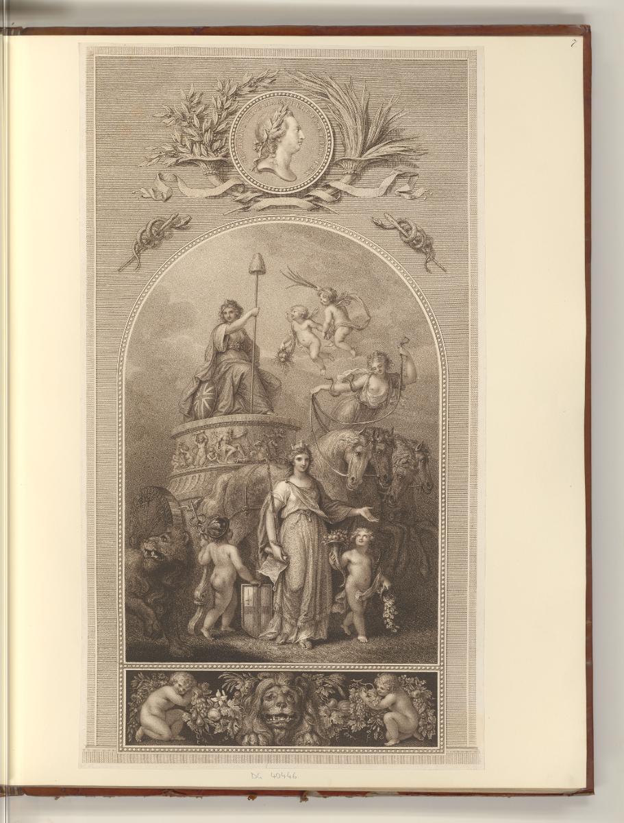 Britische Druckgrafiken des späten 18. Jahrhunderts, Allegorie mit Britannia auf einem Wagen, I…
