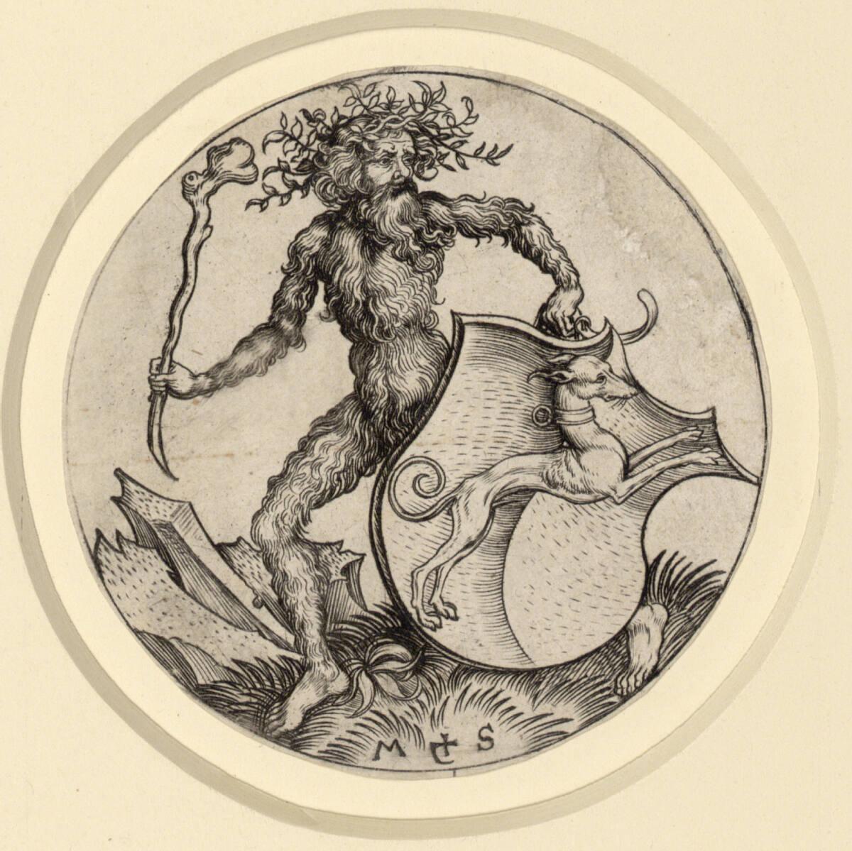 Martin Schongauer, Wappenschild mit Windhund, von einem Wilden Mann gehalten, Inv. Nr.: DG1926/…