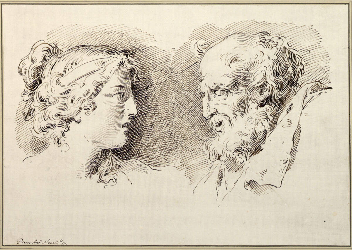 Kopf einer jungen Frau im Profil nach rechts; Kopf eines alten Mannes im Profil nach links, Pietro Antonio Novelli