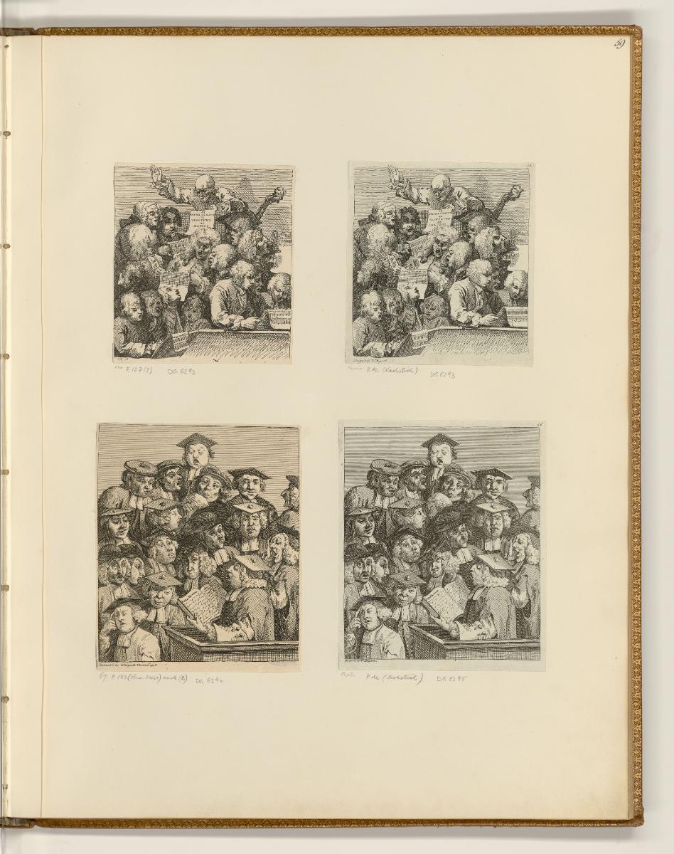 William Hogarth, Druckgrafiken von William Hogarth, A chorus of singers; Scholars at a lecture,…