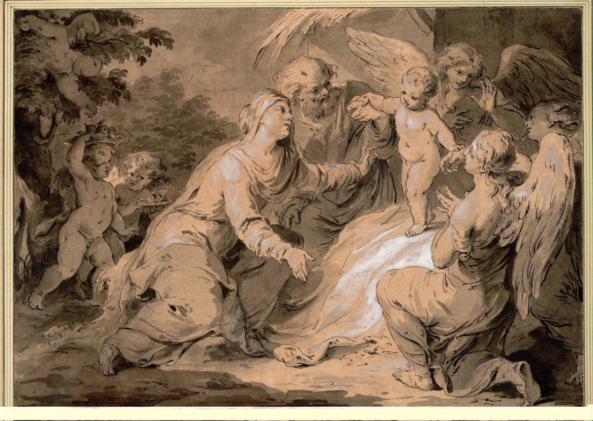 Die heilige Familie und Engel beten das Kind an. (Links das Palmbaumwunder (Pseudo-Matthäus 20, lf. in Ergänzung zu Mt. 2,13-23)), Domenico Maggiotto