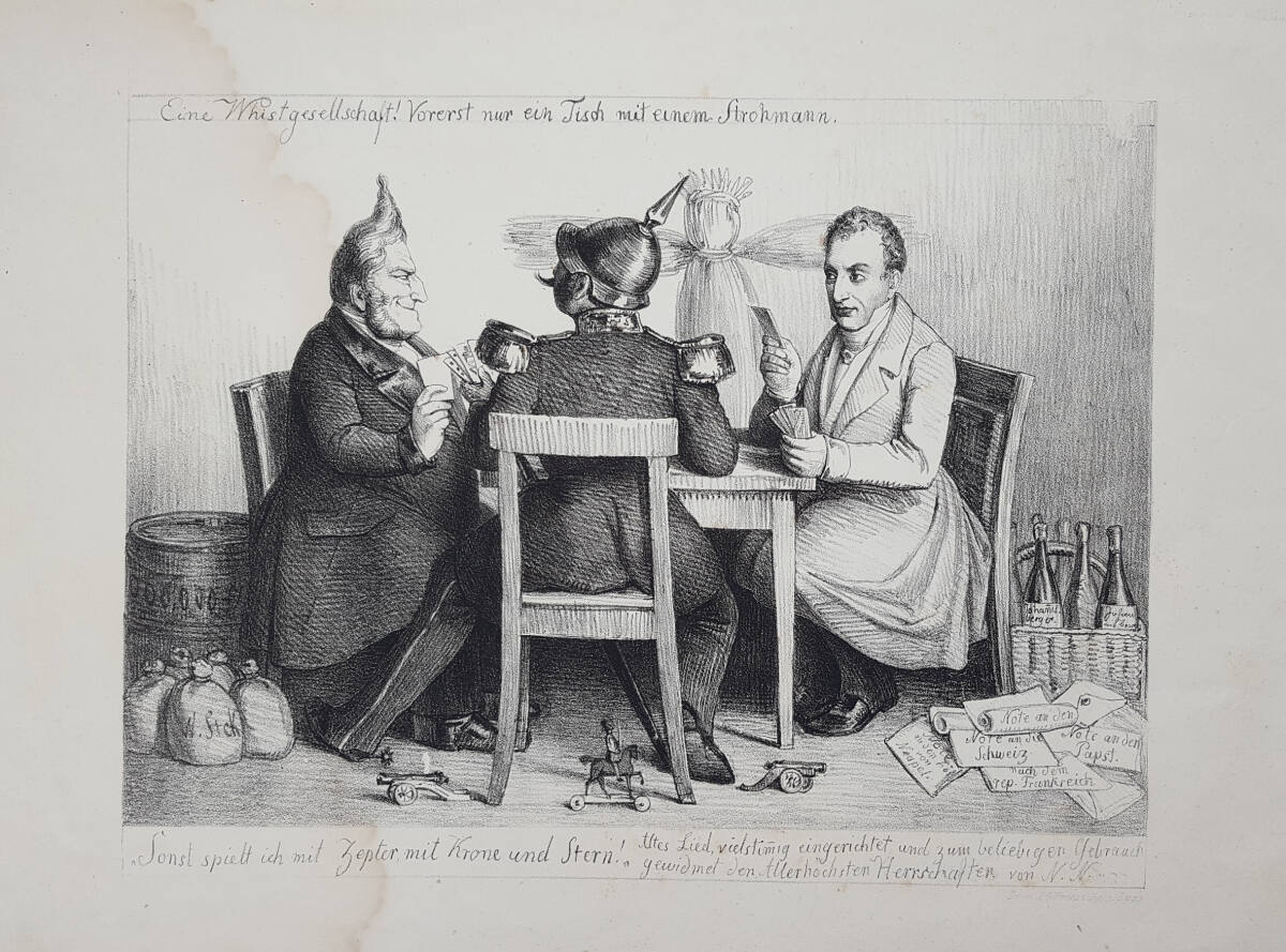 Karikatur auf König Louis Philippe I., Fürst Metternich und den preußischen Kronprinzen Wilhelm (I.) als Exilanten in London 1848, J.G.Fritzsche, 1848