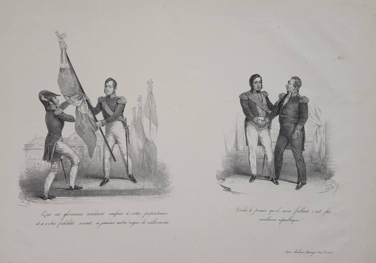 Louis Philippe I. übergibt die französische Tricolore an die 1830 wiedererrichtete Nationalgarde / Lafayette anerkennt Louis Philippe als König der Franzosen (1830), PierreLanglumé, 1830