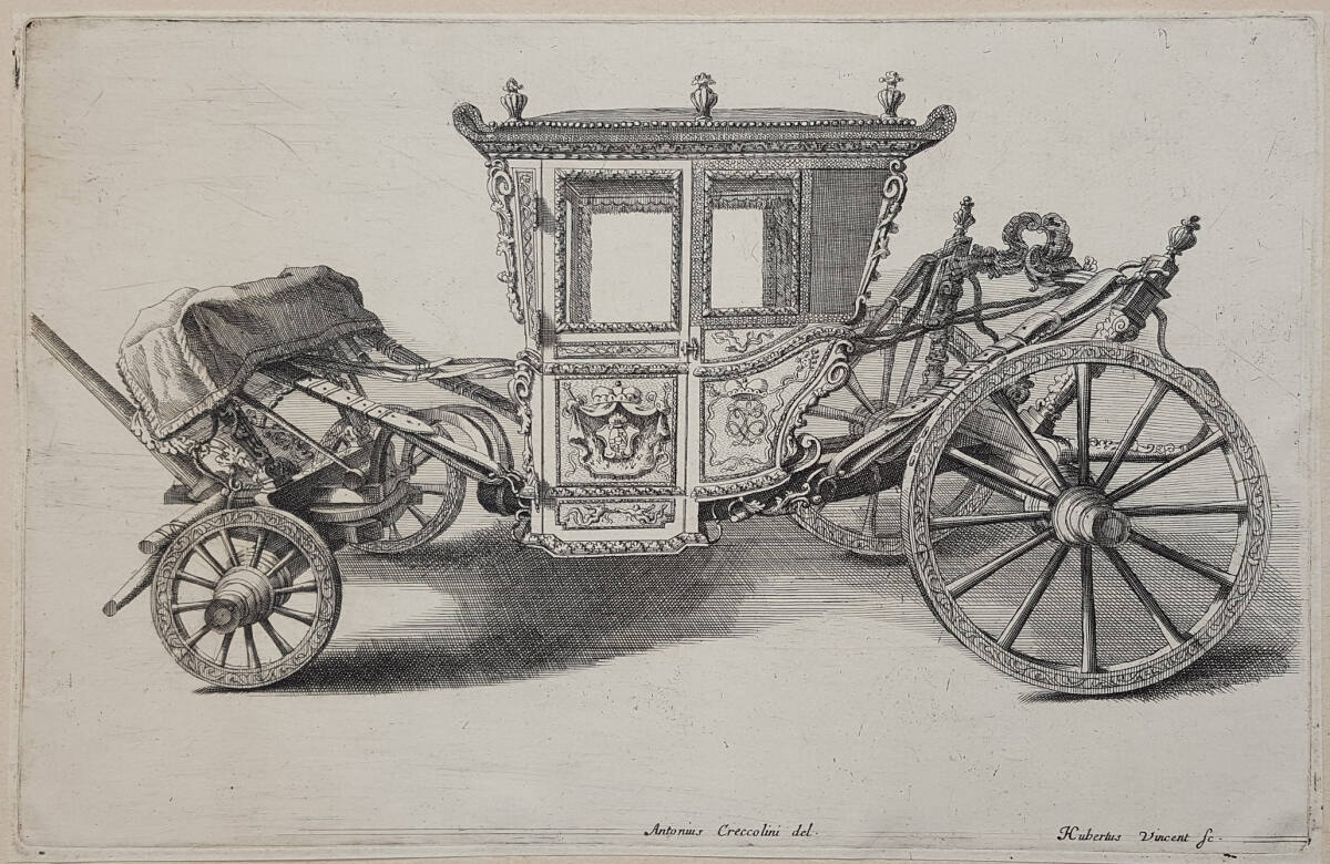 Karosse aus dem Fuhrpark des Fürsten Anton Florian von Liechtenstein als kaiserlicher Botschafter in Rom: Seitenansicht, GiovanniAntonioCrecolini, 1694
